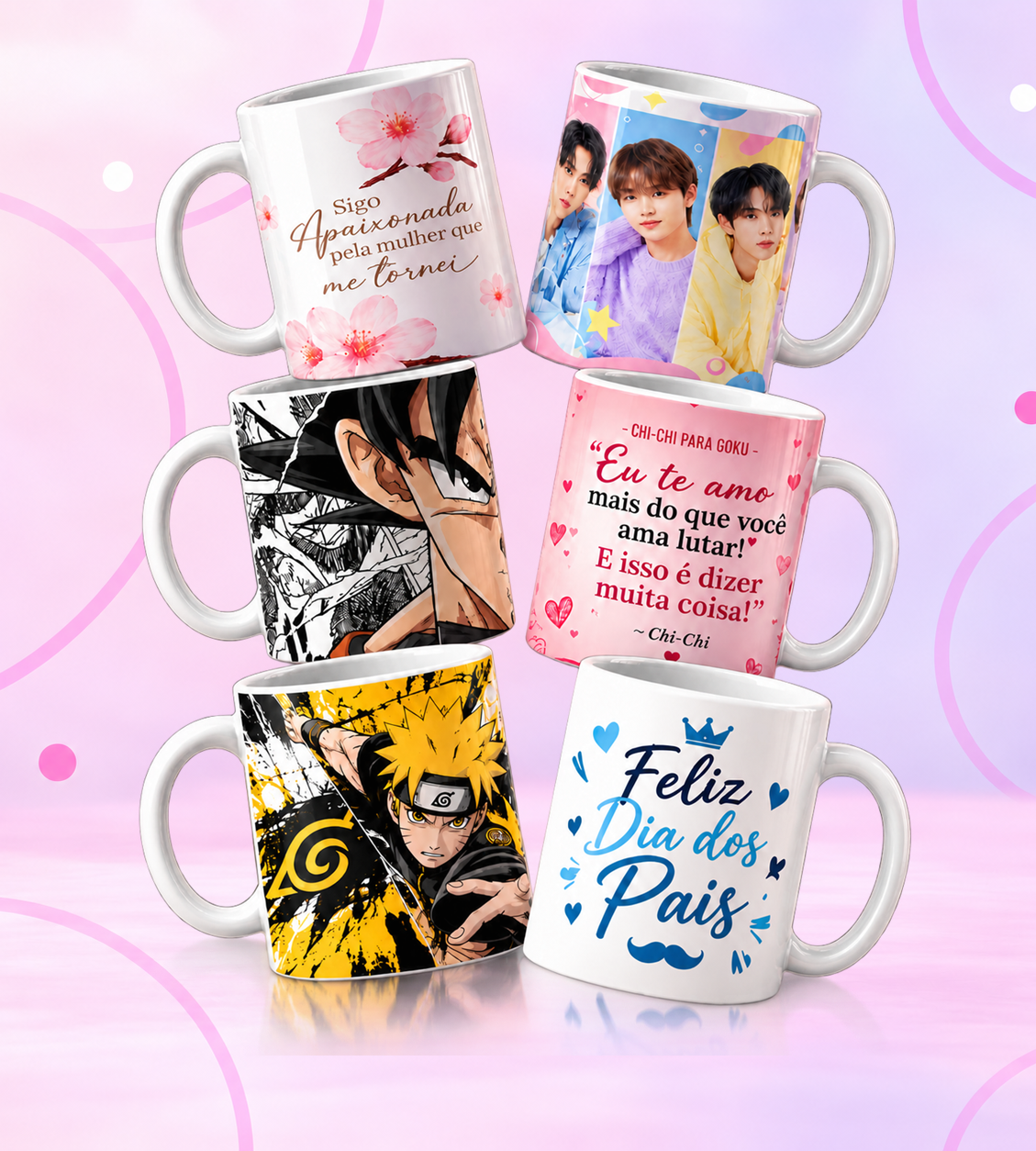 Coleção de seis canecas personalizadas sobre piso rosa e lilás com reflexo visível
