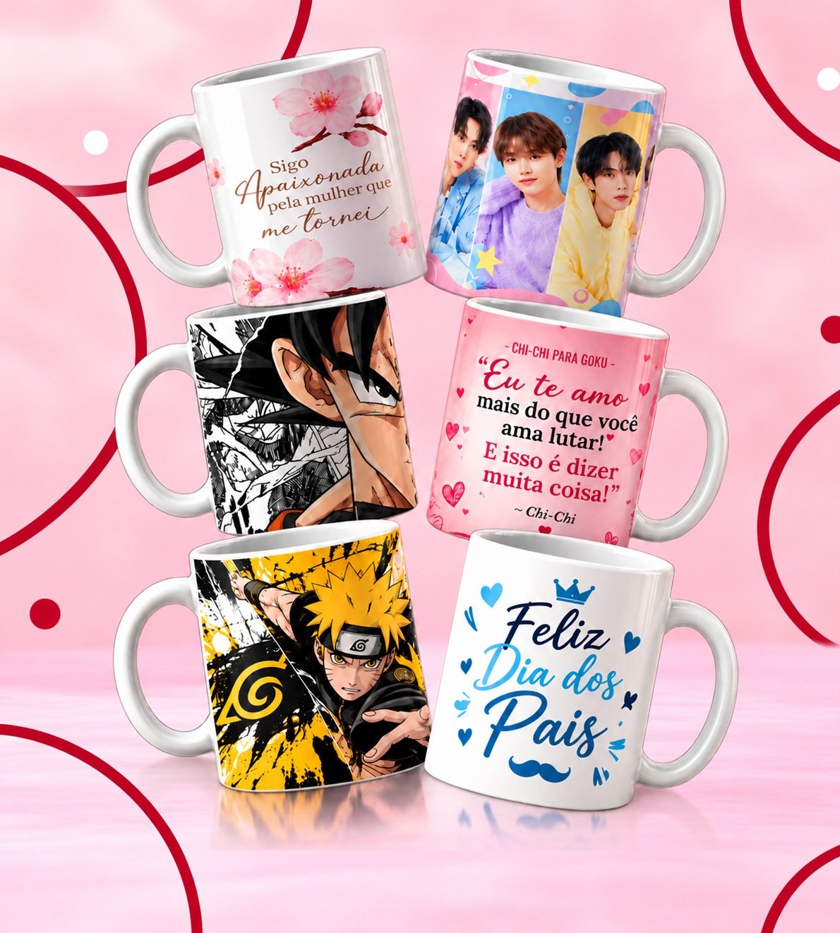 Coleção de seis canecas personalizadas sobre piso rosa, com fundo blush e detalhes rubi