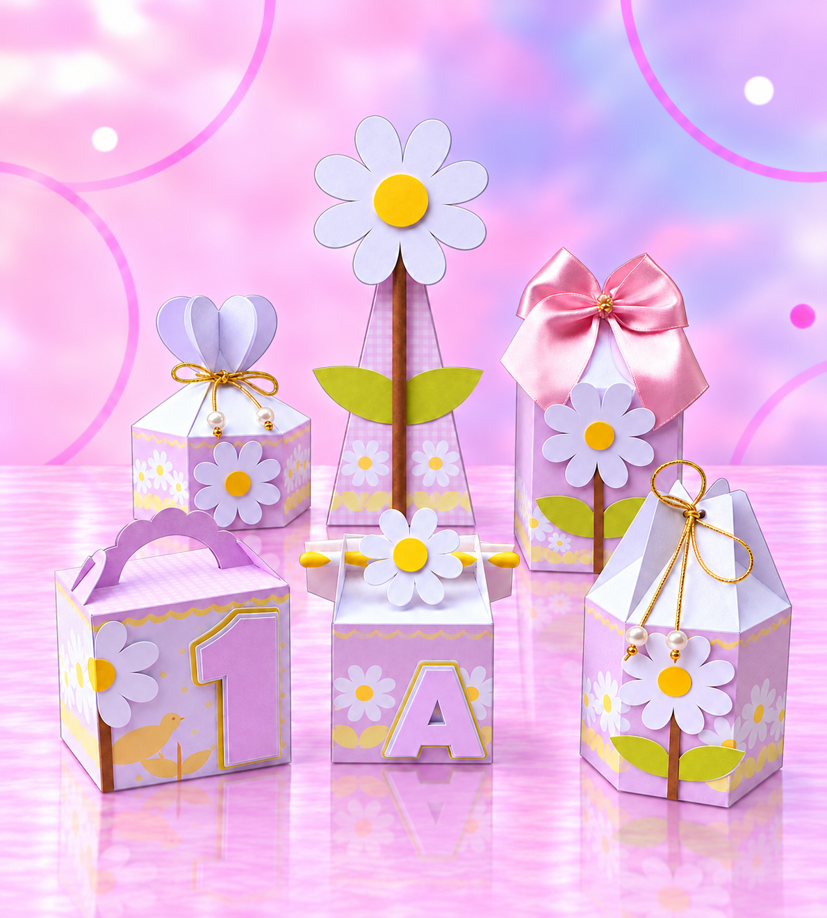 Kit de lembrancinhas lilás com flores e laços sobre piso rosa refletivo e parede rosa e lilás