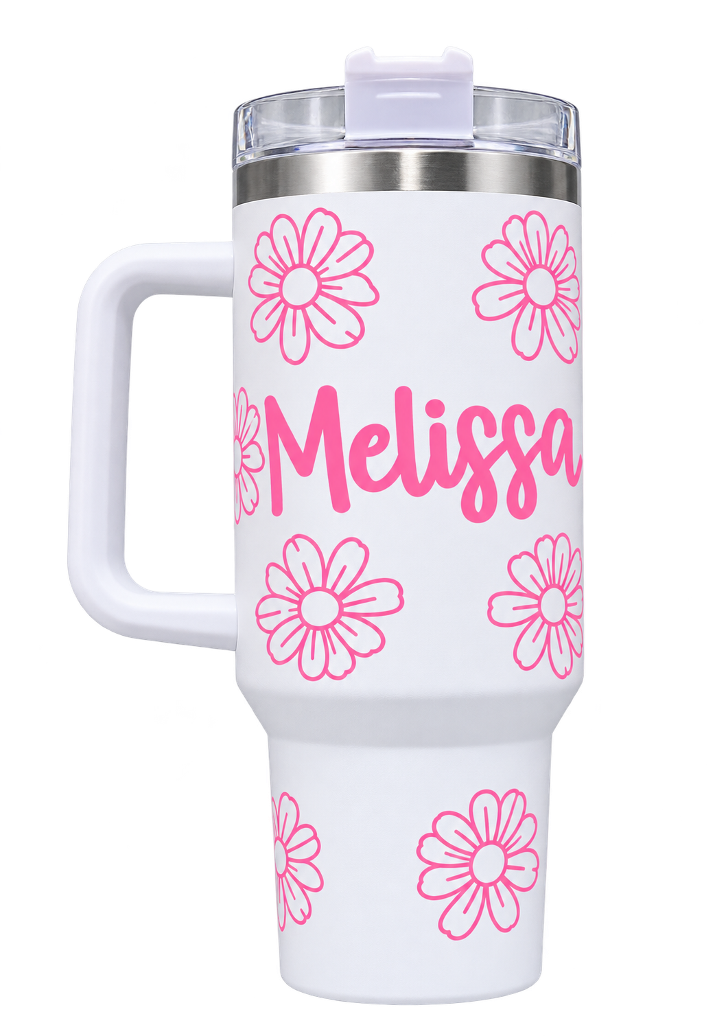 Copo térmico branco de 1,5 litro com nome Melissa, flores rosas, alça e tampa transparente