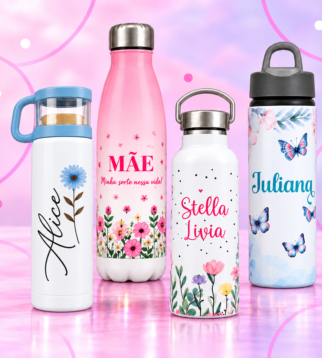 Garrafas Alice, Mãe, Stella Livia e Juliana na composição de referência, apoiadas no piso com reflexo suave