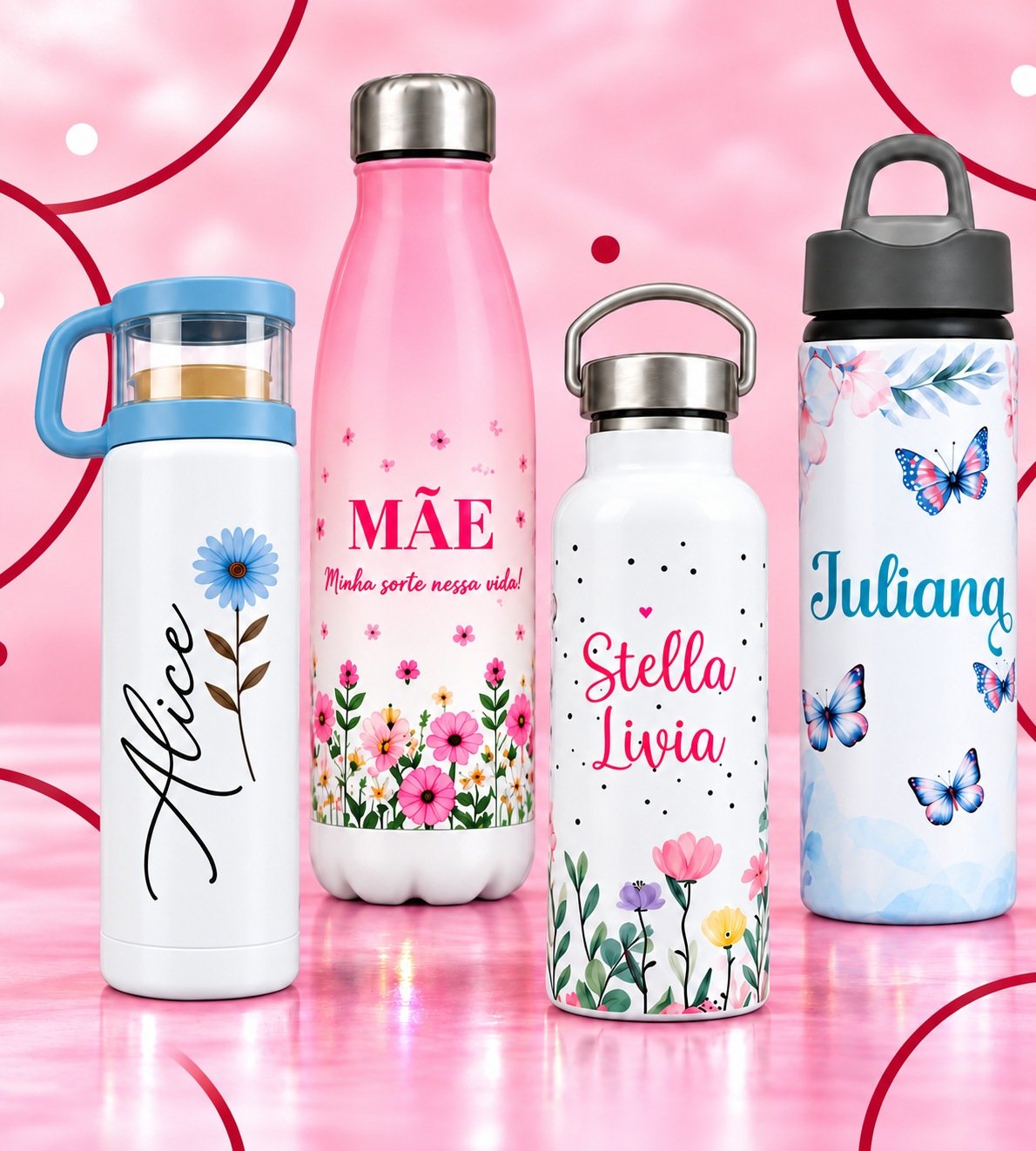 Garrafas Alice, Mãe, Stella Livia e Juliana na composição de referência, apoiadas no piso com reflexo suave